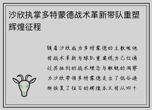 沙欣执掌多特蒙德战术革新带队重塑辉煌征程 沙欣执掌多特蒙德战术革新带队重塑辉煌征程